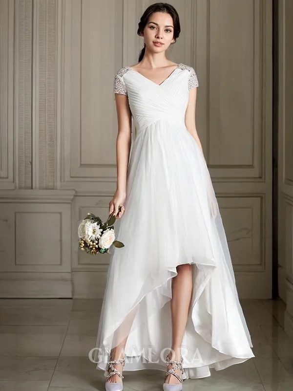 A-line Princess V-Neck Short Sleeves Simple Asymmetrical Tulle Wedding Dress