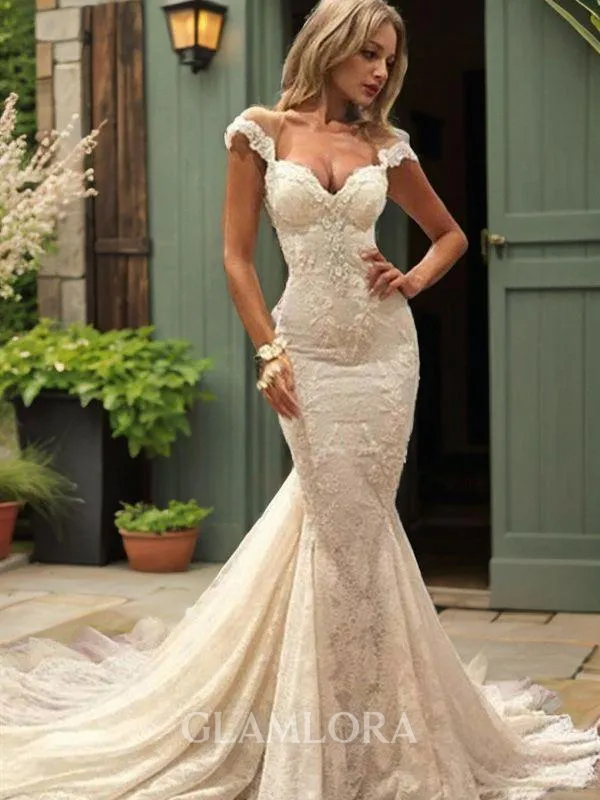 Trumpet/Mermaid V-Neck Sleeveless Chapel Train Lace Glamorous Wedding Dress
