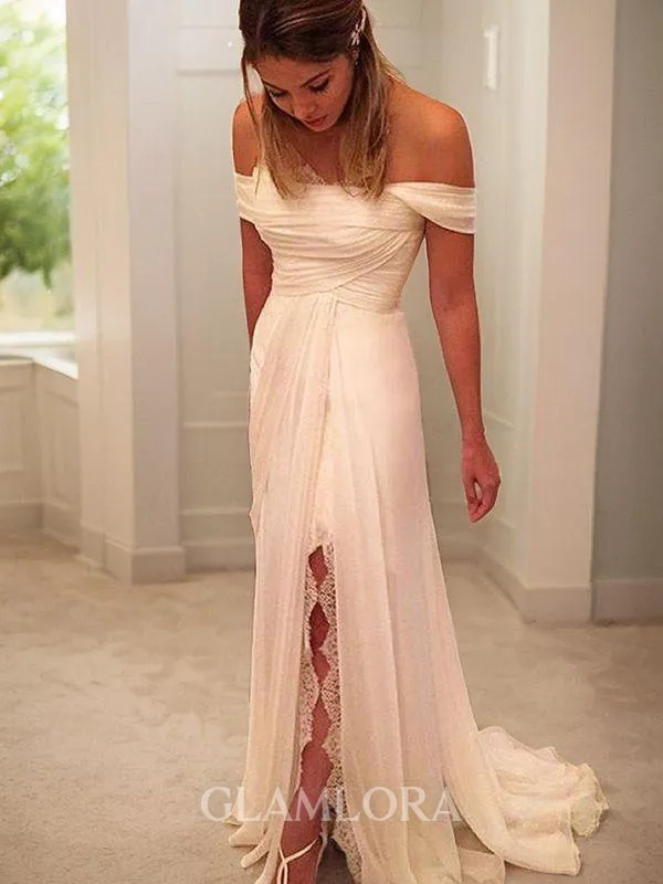 Flowing A-line Off-the-Shoulder Sleeveless Sweep Train 30D Chiffon Wedding Dress With Ruffles