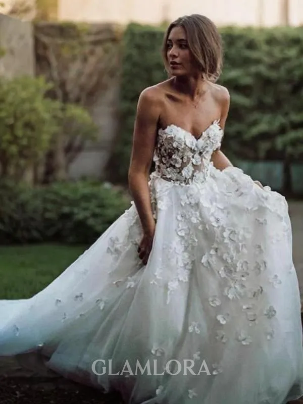 A-line Princess Sweetheart Beautiful Sleeveless Court Train Tulle Wedding Dress With Applique