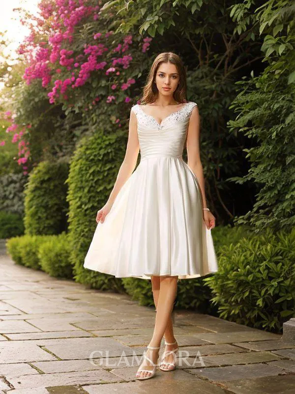 A-line V-Neck Sleeveless Knee-Length Delicate Satin Wedding Dress With Beading