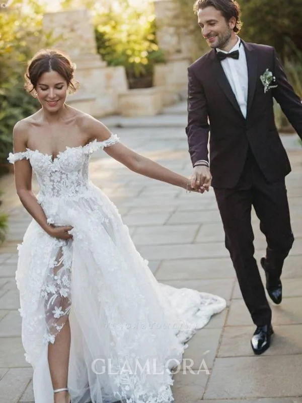 A-line Princess Off-the-Shoulder Sleeveless Sweep Train Tulle Balanced Wedding Dress With Applique