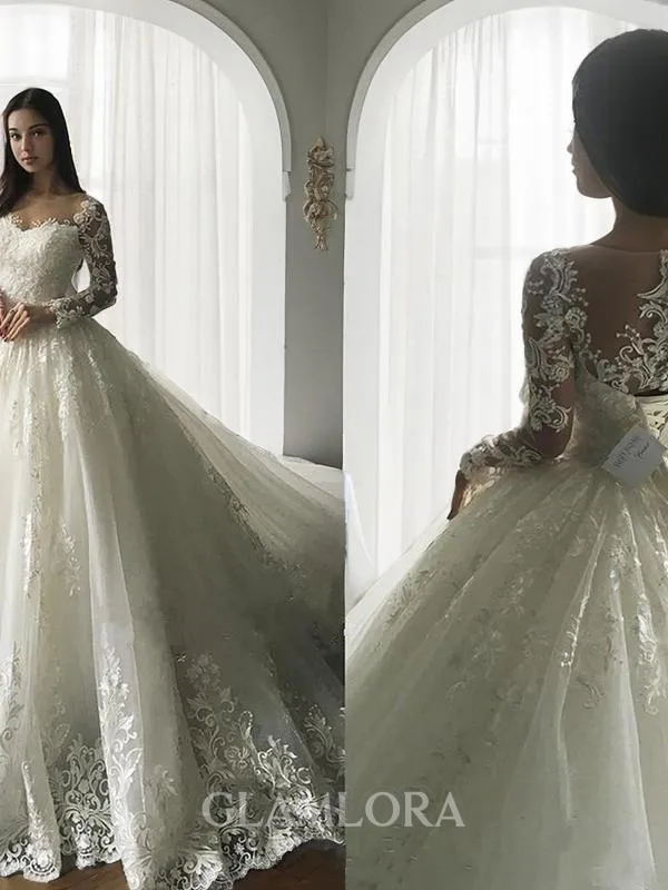 Flowy Ball-Gown Princess Scoop Long Sleeves Court Train Tulle Wedding Dress With Applique