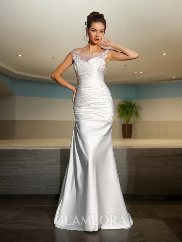 Trumpet/Mermaid Show-stopping Scoop Sleeveless Sweep Train Satin Wedding Dress With Beading