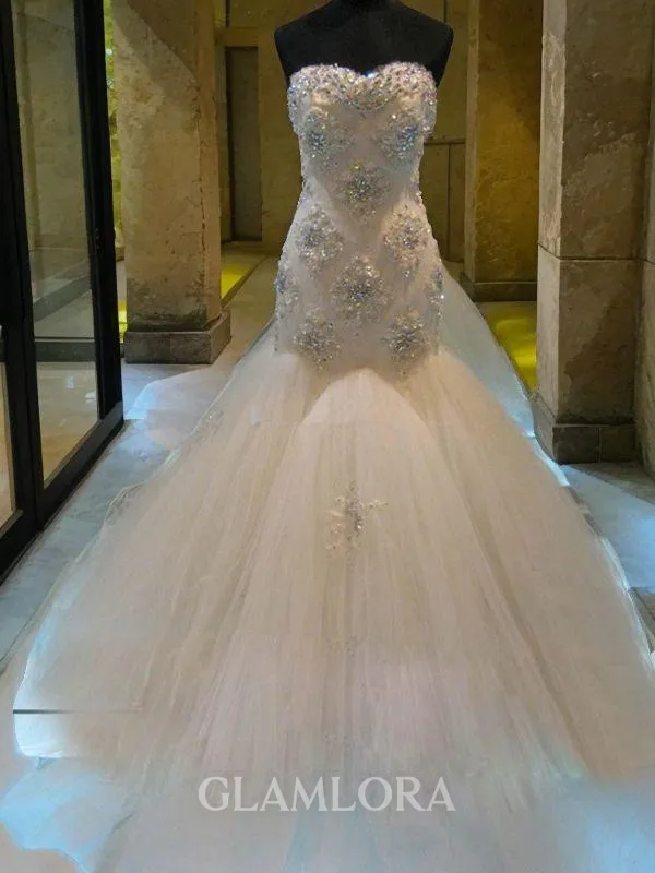 Trumpet/Mermaid Sweetheart Sensual Sleeveless Court Train Tulle Wedding Dress With Beading