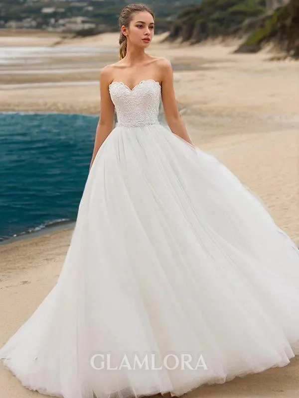 A-line Princess Sweetheart Sleeveless Sweep Train Tulle Refined Wedding Dress