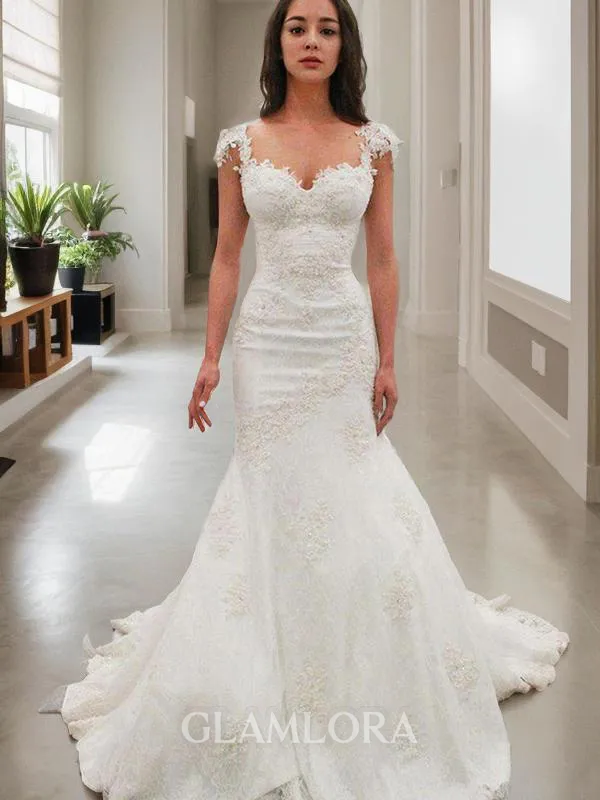 Svelte Trumpet/Mermaid Sweetheart Short Sleeves Chapel Train Lace Wedding Dress With Applique