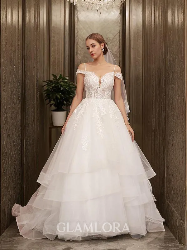 A-line Princess Timeless Sweetheart Sleeveless Sweep Train Tulle Wedding Dress With Applique