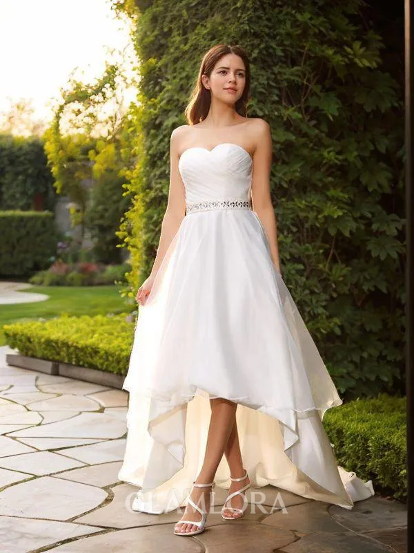 A-line Sweetheart Elegant Sleeveless Asymmetrical Organza Wedding Dress With Beading