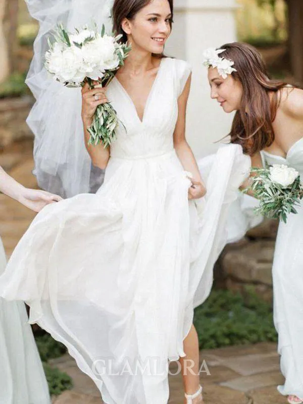 A-line V-Neck Sleeveless Chic Floor-Length Chiffon Wedding Dress With Ruffles
