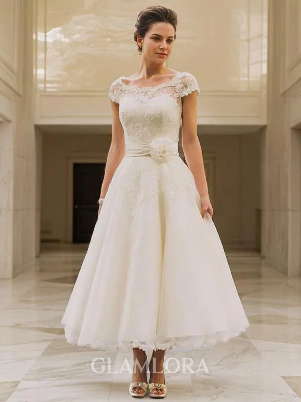 A-line Princess Scoop Short Sleeves Tea-Length Charming Tulle Wedding Dress