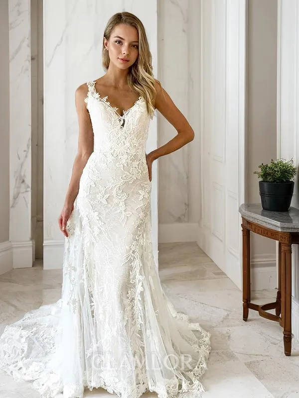 Trumpet/Mermaid Captivating V-Neck Sleeveless Sweep Train Tulle Wedding Dress With Applique