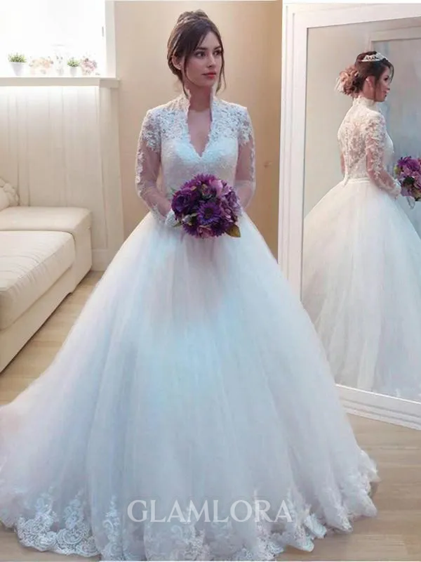Ball-Gown Princess High Neck Regal Long Sleeves Sweep Train Tulle Wedding Dress With Applique