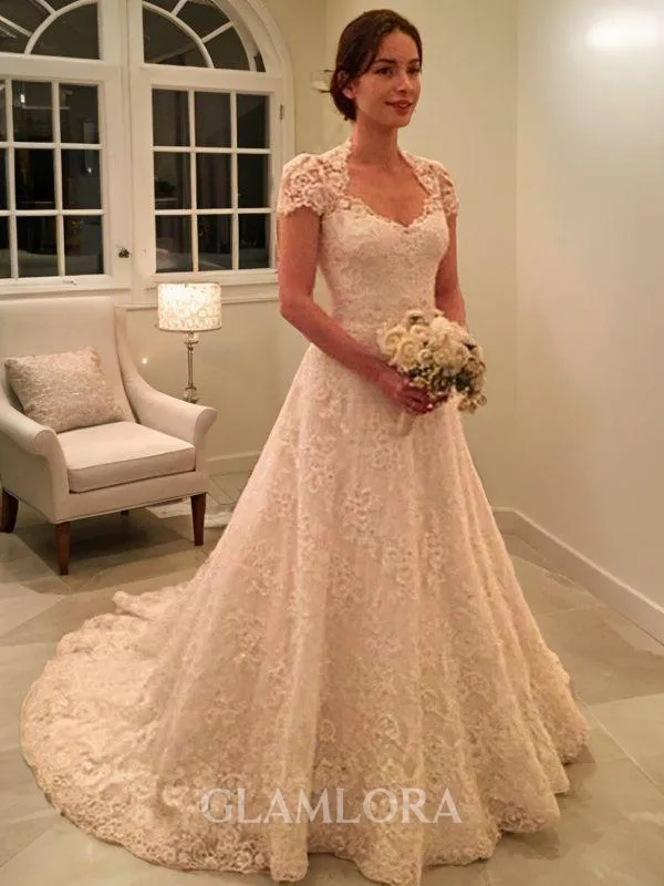 A-line Sweetheart Short Sleeves Court Train Trendy Lace Wedding Dress