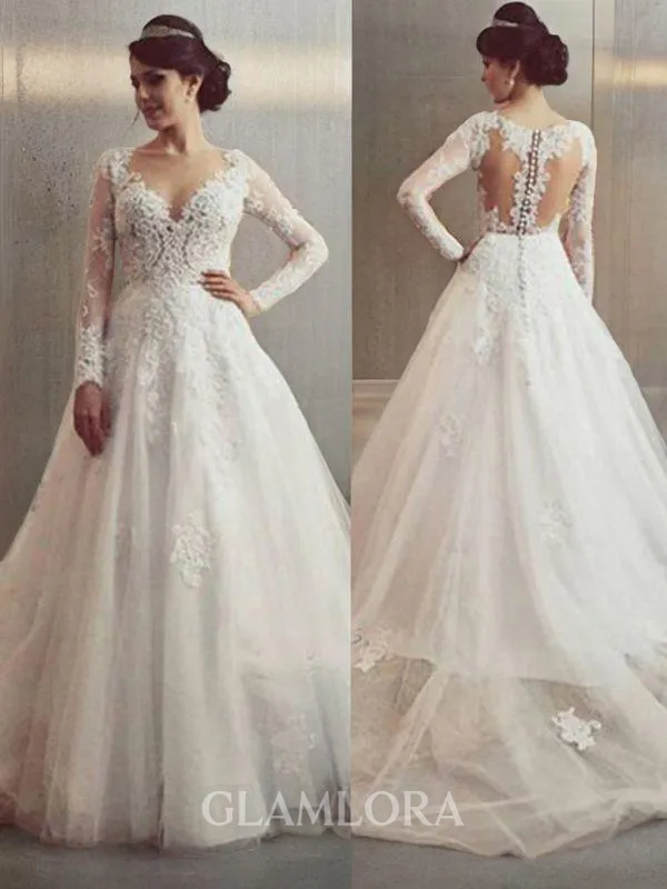 Ball-Gown Princess V-Neck Long Sleeves Court Train Tulle Opulent Wedding Dress With Lace