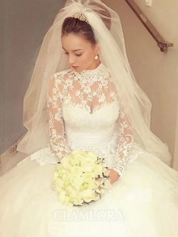 Ball-Gown High Neck Grand Long Sleeves Sweep Train Lace Wedding Dress