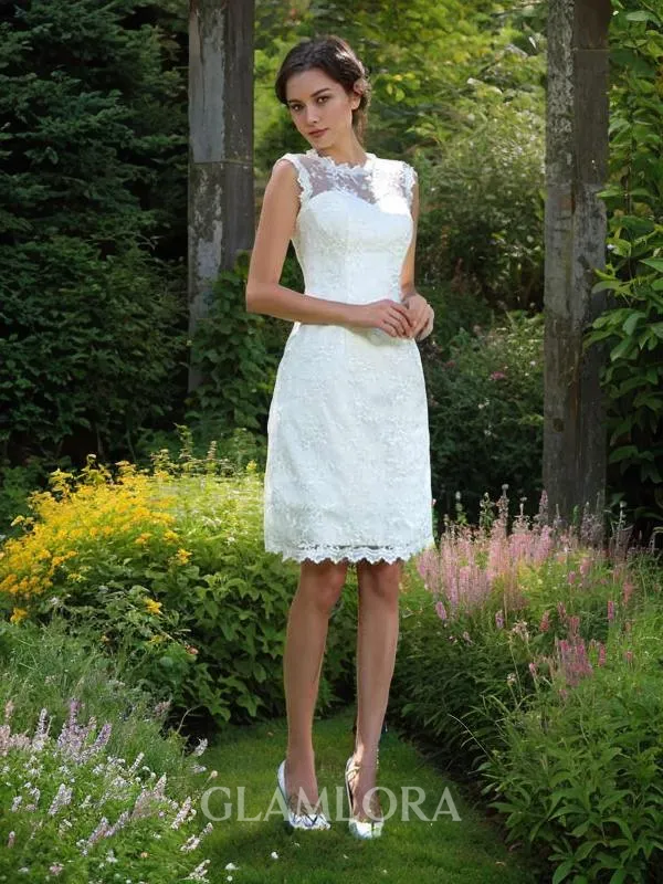 A-line Sheer Neck Sleeveless Knee-Length Glam Satin Wedding Dress With Applique