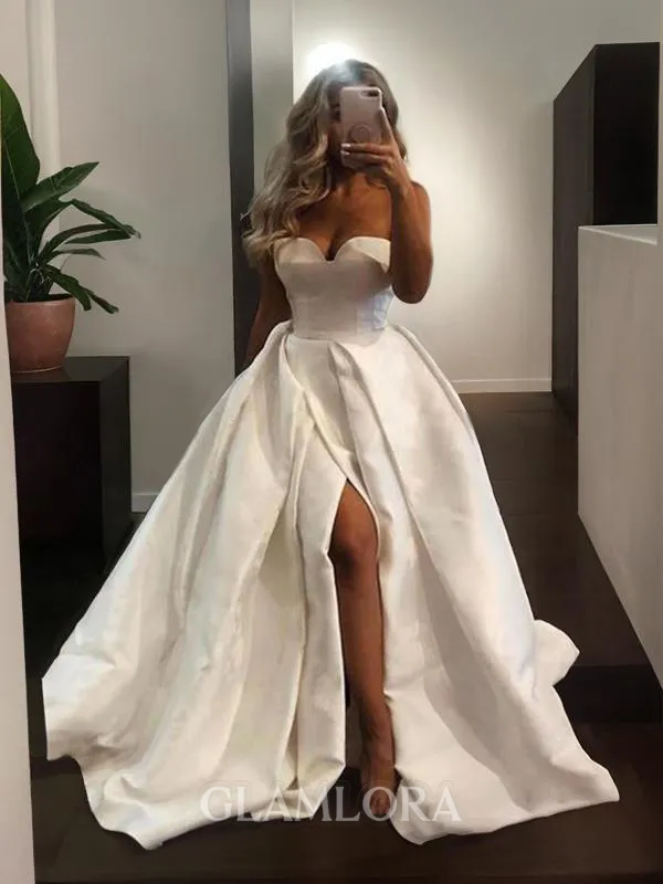 A-line Sweetheart Sleeveless Sweep Train Unique Satin Wedding Dress With Ruffles