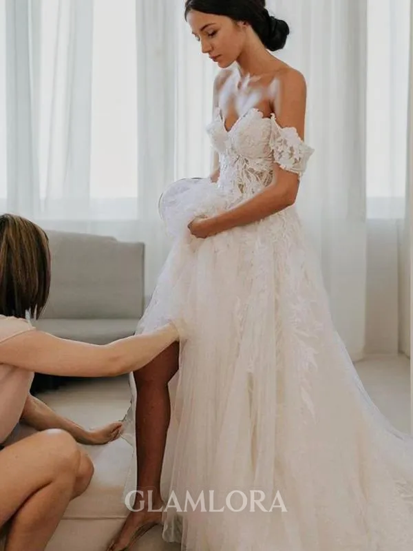 A-line Princess Off-the-Shoulder Sleeveless Sweep Train Tulle Pretty Wedding Dress With Applique