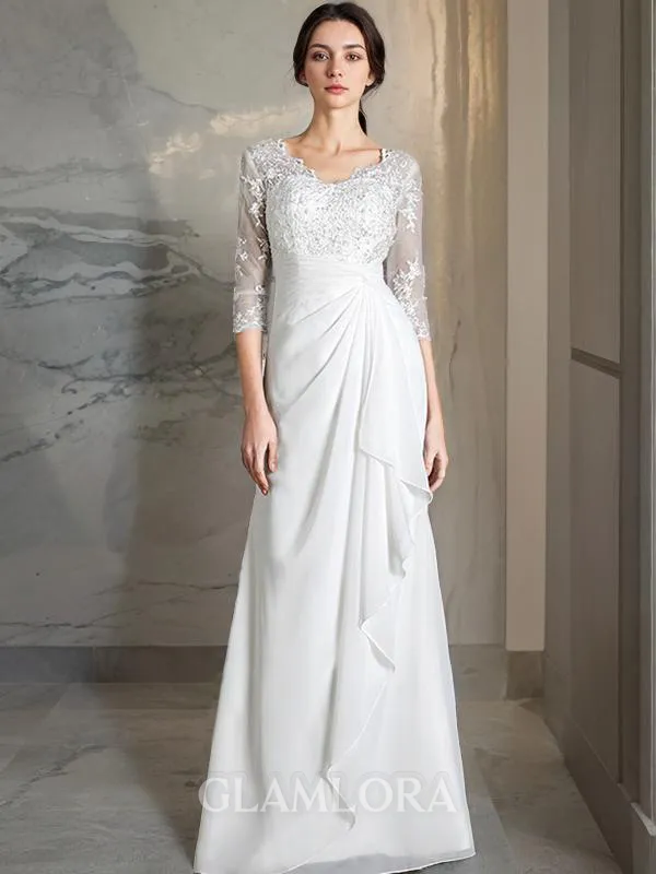 Sheath/Column Unadorned V-Neck 3/4 Sleeves Floor-Length Chiffon Wedding Dress
