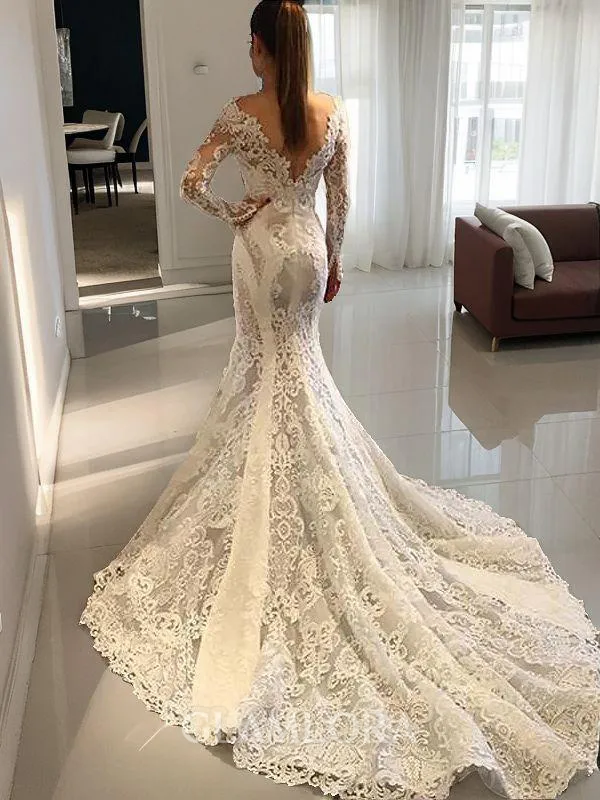 Trumpet/Mermaid V-Neck Long Sleeves Head-turning Court Train Lace Wedding Dress