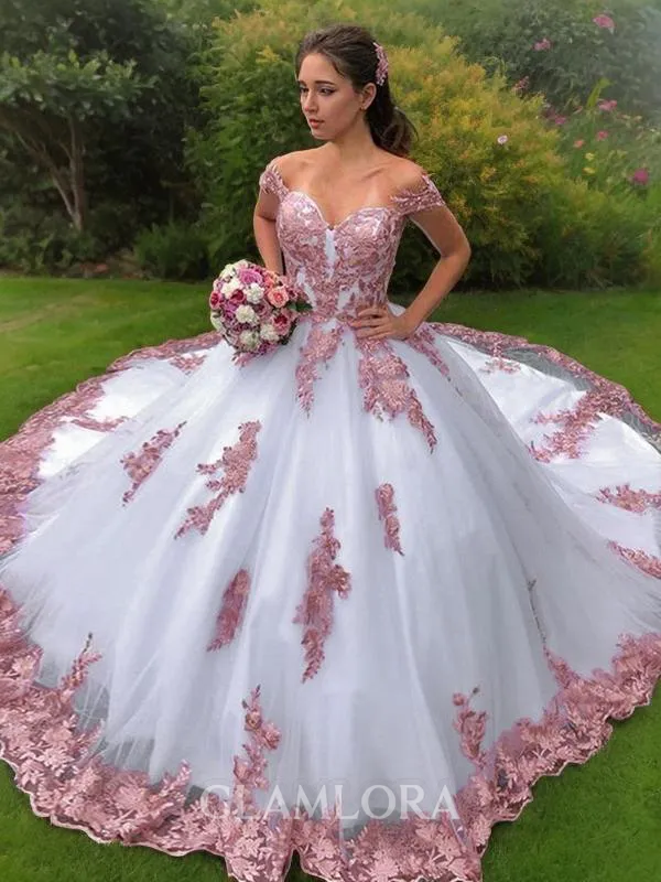 Ball-Gown Off-the-Shoulder Sleeveless Sweep Train Lace Fairy-tale Wedding Dress