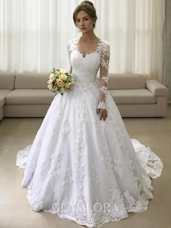 Ball-Gown Enchanting V-Neck Long Sleeves Court Train Satin Wedding Dress With Applique