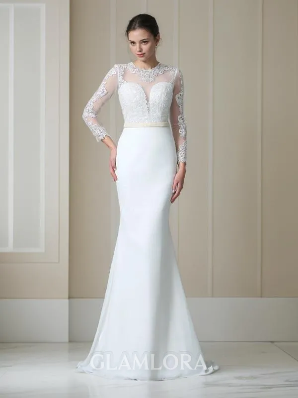 Trumpet/Mermaid Jewel Fitted Long Sleeves Sweep Train Chiffon Wedding Dress With Lace