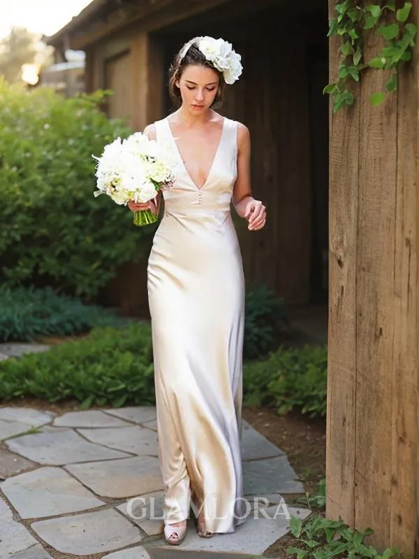 Sheath/Column V-Neck Sleeveless Flattering Floor-Length Silk like Satin Wedding Dress