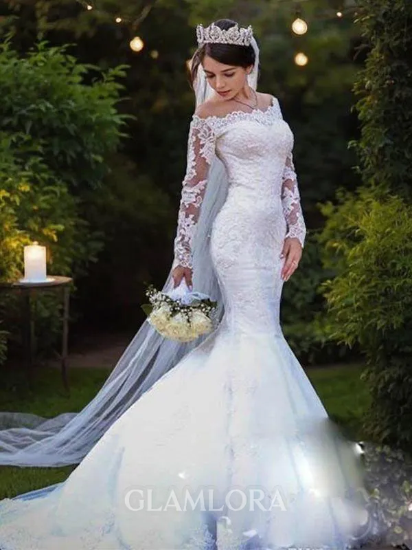 Trumpet/Mermaid Off-the-Shoulder Dramatic Long Sleeves Sweep Train Tulle Wedding Dress With Lace