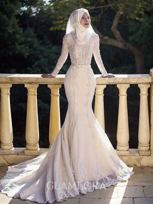 Trumpet/Mermaid Jewel Long Sleeves Sweep Train Alluring Tulle Wedding Dress With Lace