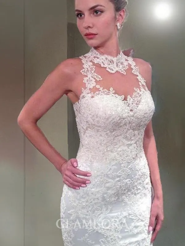 Trumpet/Mermaid Sophisticated High Neck Sleeveless Floor-Length Tulle Wedding Dress With Lace