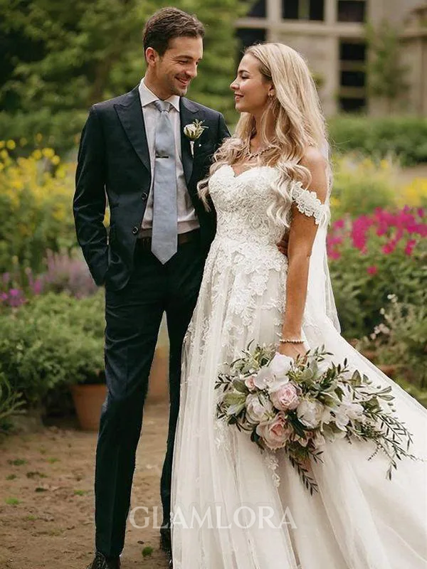 A-line Princess Off-the-Shoulder Exquisite Sleeveless Sweep Train Tulle Wedding Dress