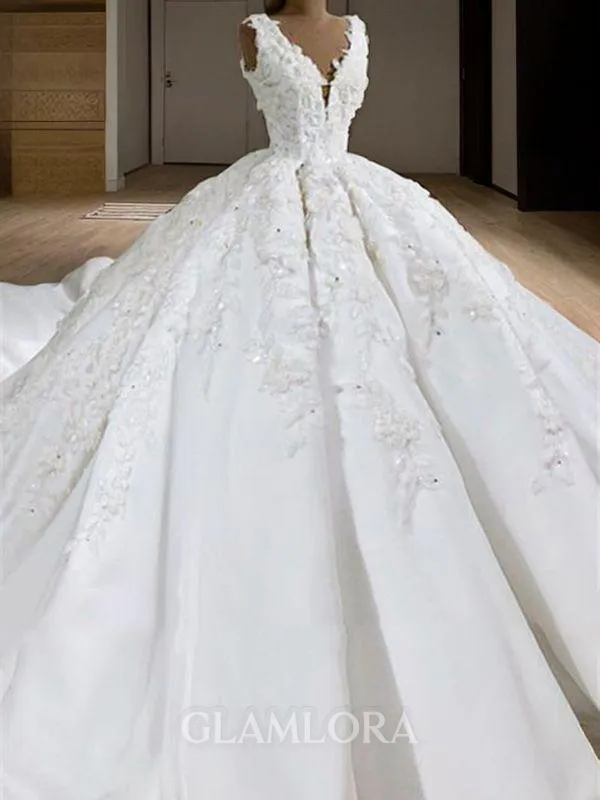 Ball-Gown V-Neck Sleeveless Chapel Train Glamorous Satin Wedding Dress With Applique