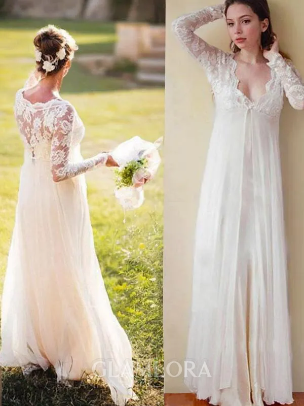 Empire Graceful V-Neck Long Sleeves Floor-Length Chiffon Wedding Dress With Lace