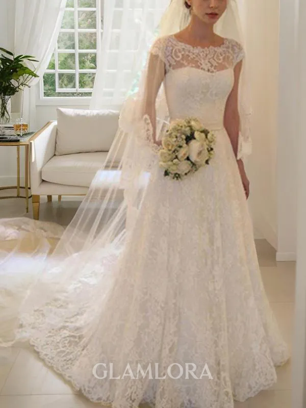 A-line Square Graceful Short Sleeves Court Train Lace Wedding Dress With Applique
