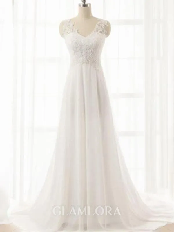 A-line V-Neck Sleeveless Elegant Sweep Train Chiffon Wedding Dress With Lace