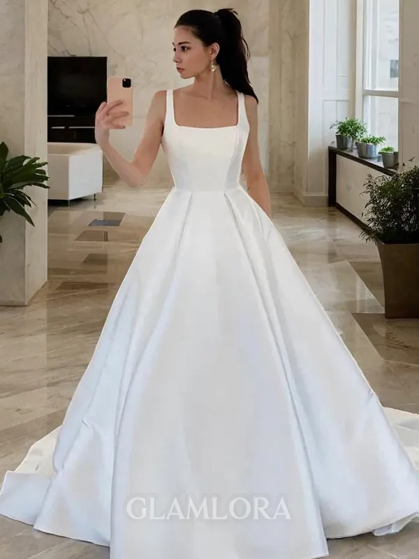 A-line Square Sleeveless Sweep Train Classic Satin Wedding Dress
