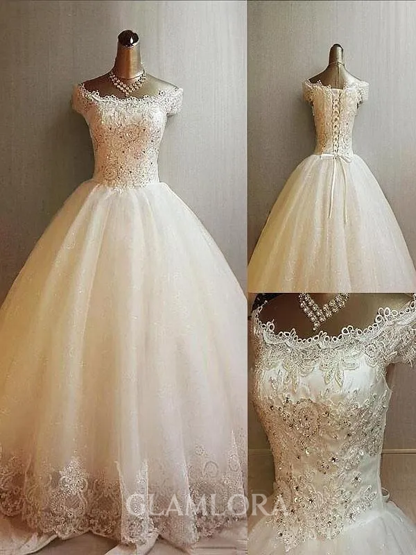 Ball-Gown Princess Off-the-Shoulder Sleeveless Floor-Length Tulle Stunning Wedding Dress With Applique