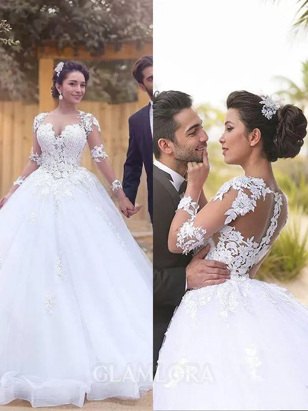 Ball-Gown Princess Sweetheart Breathtaking Long Sleeves Court Train Tulle Wedding Dress