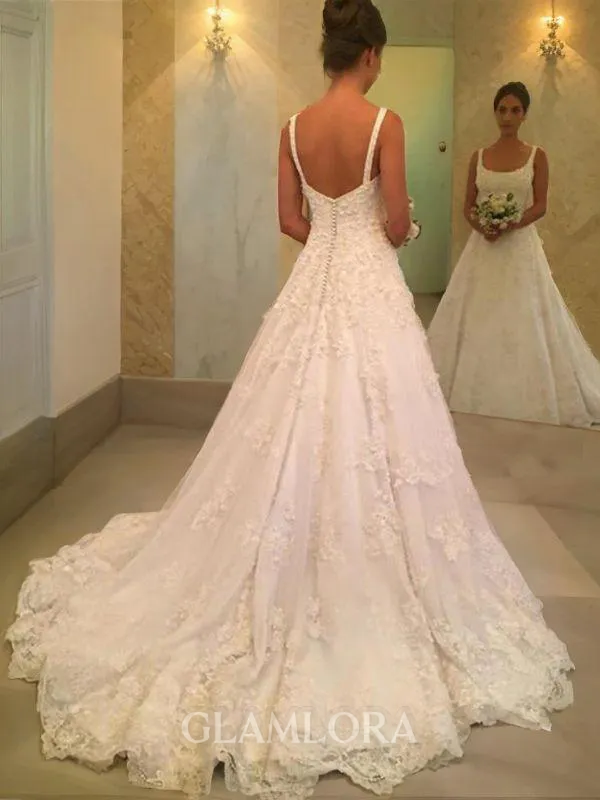 Simple A-line Square Sleeveless Court Train Lace Wedding Dress With Applique