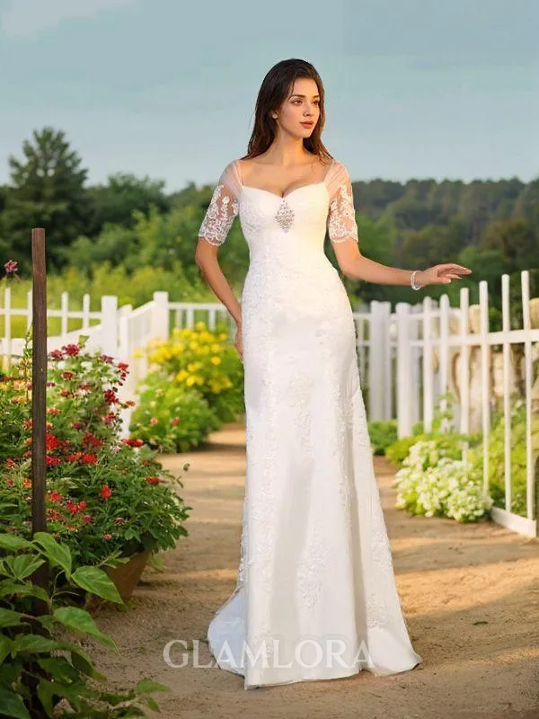 Sheath/Column Sweetheart Short Sleeves Floor-Length Minimalist Satin Wedding Dress With Applique