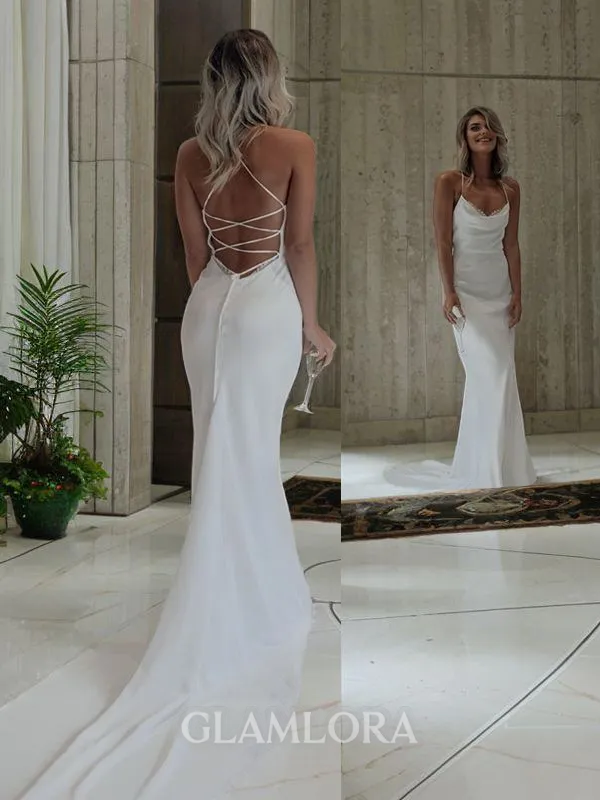 Sheath/Column Halter Clean-lined Sleeveless Court Train Chiffon Wedding Dress