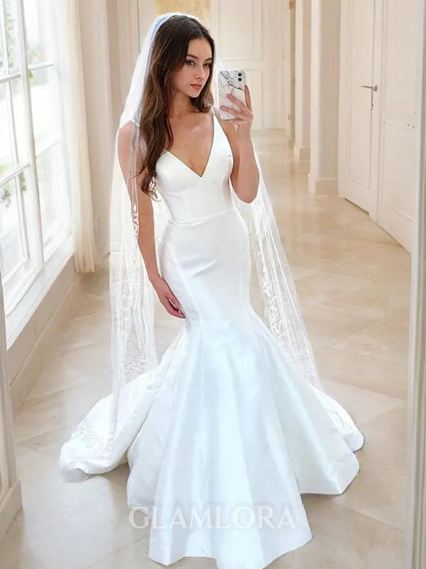 Trumpet/Mermaid V-Neck Sleeveless Sweep Train Show-stopping Satin Wedding Dress