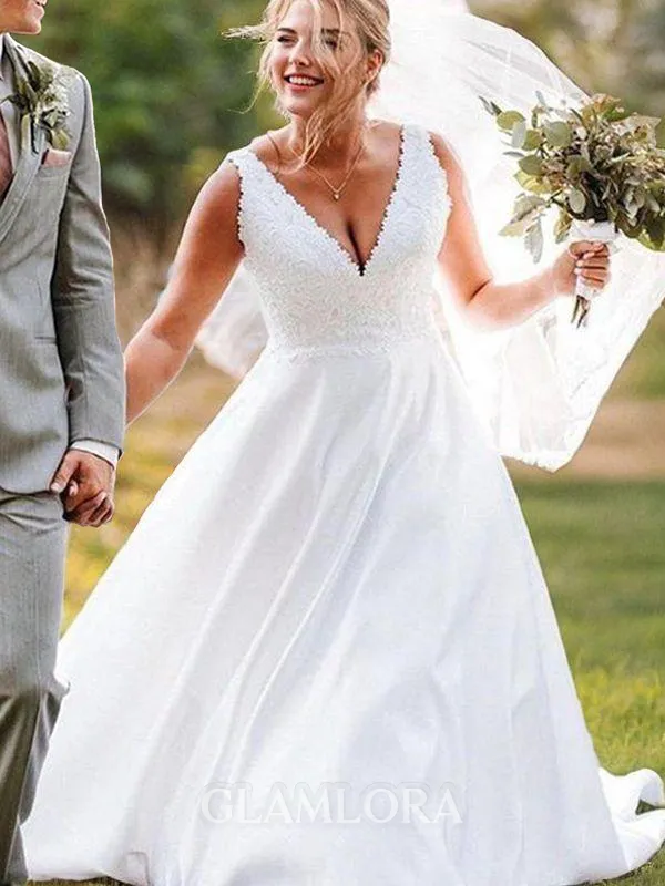 A-line V-Neck Sleeveless Sweep Train Satin Delicate Wedding Dress With Applique