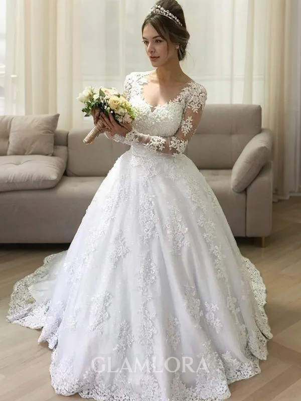 Ball-Gown Resplendent V-Neck Long Sleeves Sweep Train Satin Wedding Dress With Applique