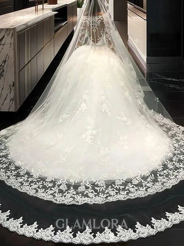 Ball-Gown Princess Scoop Long Sleeves Cathedral Train Gorgeous Tulle Wedding Dress With Lace