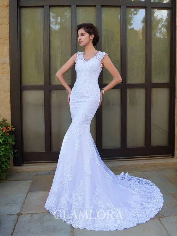 Trumpet/Mermaid V-Neck Sleeveless Chapel Train Flair Satin Wedding Dress With Applique