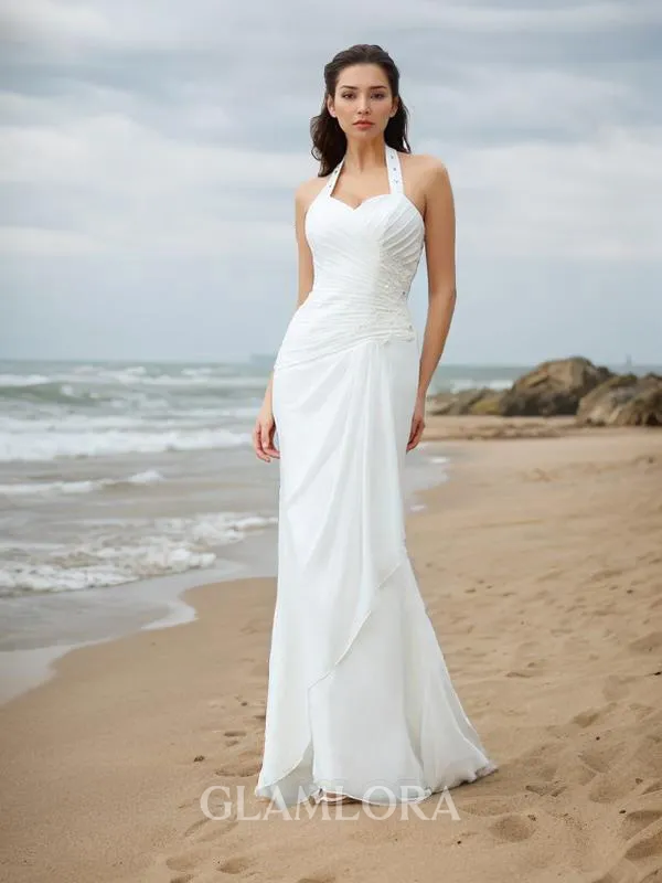Sheath/Column Halter Sleeveless Court Train Chiffon Classic Wedding Dress With Pleats