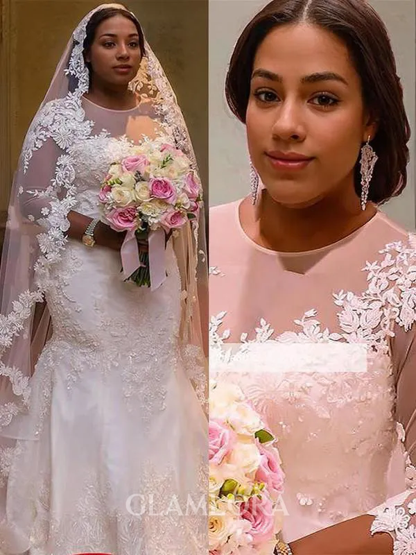 Trumpet/Mermaid Scoop Figure-hugging 3/4 Sleeves Court Train Tulle Wedding Dress